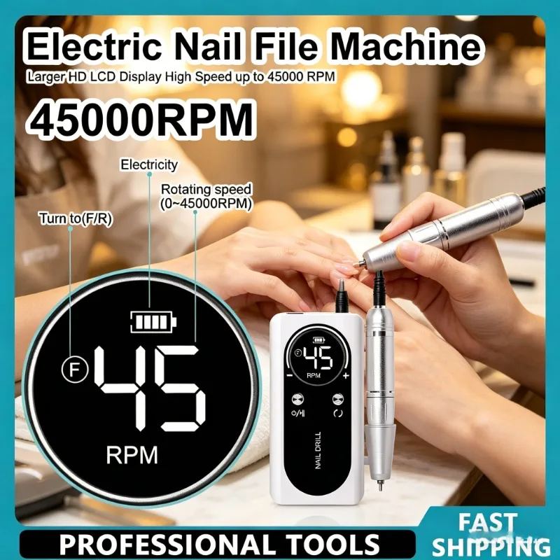 Salon Grade 45000RPM Nail Drill Low Noise Rechargeable Portable Manicure Tool