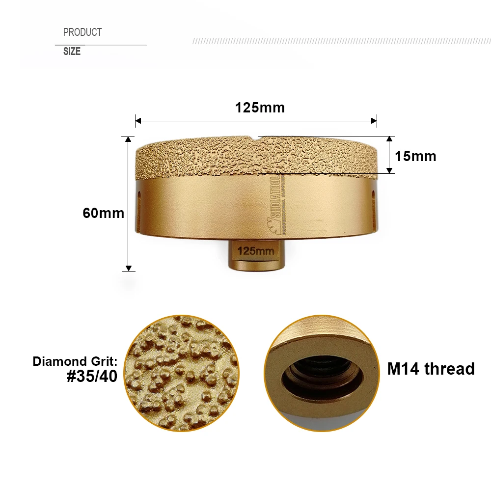 SHDIATOadvocate-Forets diamantés brasés sous vide, couronne de scie cloche, diamètre 125mm, filetage M14, 15mm, recommandé pour les carreaux