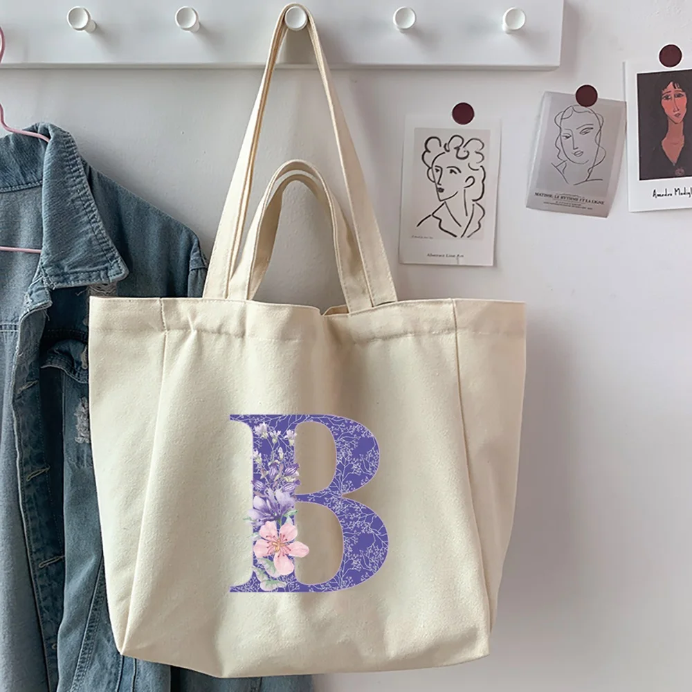 Shopping Bag Tote Folding Pouch Handbags Convenient Canvas Purple Flower Letter Printed Shoulder Bags Reusable Casual Handbag