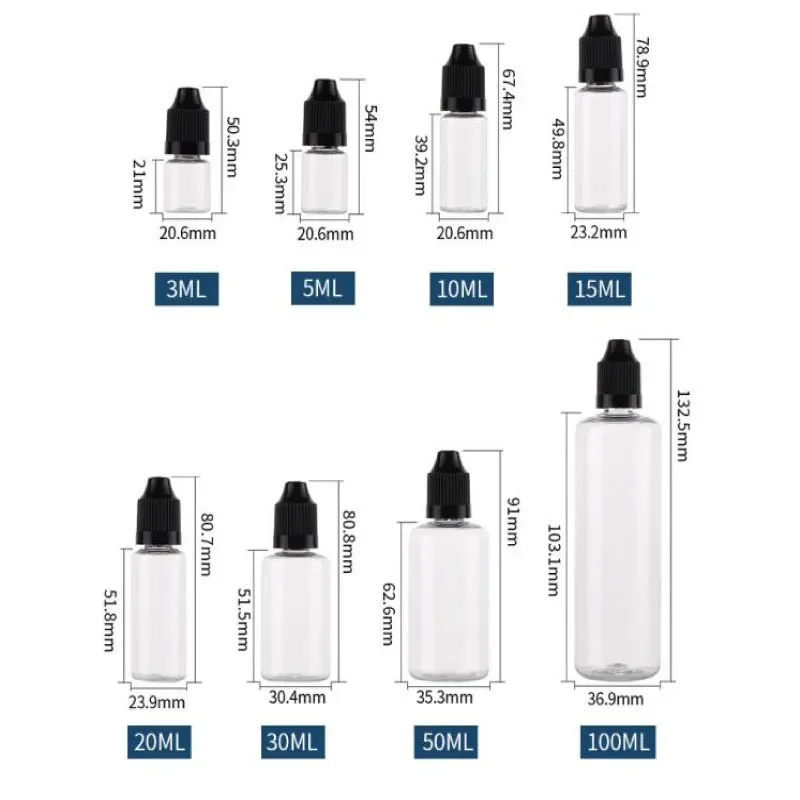Flacon compte-gouttes vide en plastique PET transparent, bouteille d'échantillon, distributeur de liquide pour les yeux, conteneurs rechargeables, 3/5/10/15/20/30/50/100ml, 5 pièces