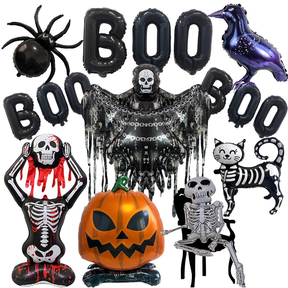 Globos de Halloween con Diseño de Fantasma, Globo de Papel Metálico con Diseño de Calavera, Gato Negro y Araña para Decoración de Fiestas Temáticas de Halloween