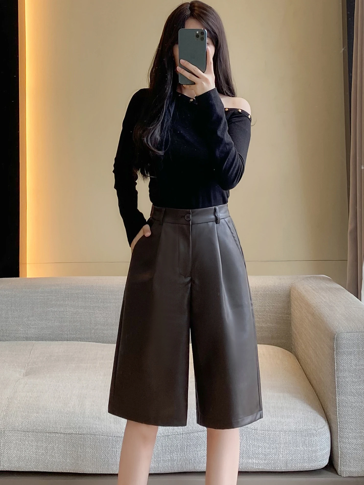 

High Waist PU Leather Casual Pants Women's Elastic Waist Wide Leg Pants Slimming orts Loose Boot Pants Autumn Winter New Ar...
