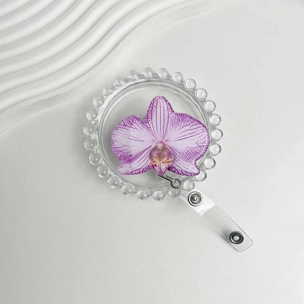 Acrylic Resin Holder Clip Orchid Flower Shape Durable Retractable Badge Holder Retractable Design ID Badge Reel Work Certificate
