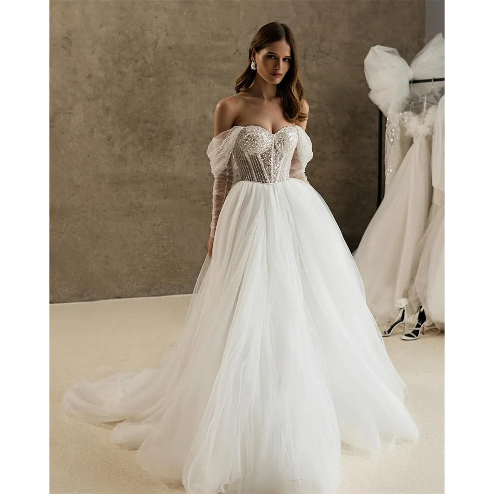 Robe de mariée Sexy, épaules dénudées, manches longues, chérie, perles scintillantes, personnalisée, élégante, ligne a