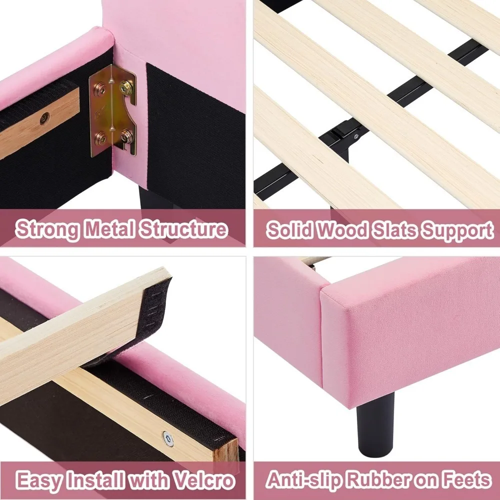 Kids Twin bed Frame with Upholstered Headboard, Princess Beds for Girls, 12 Wooden Slats Support, No Boxing Spring Needed