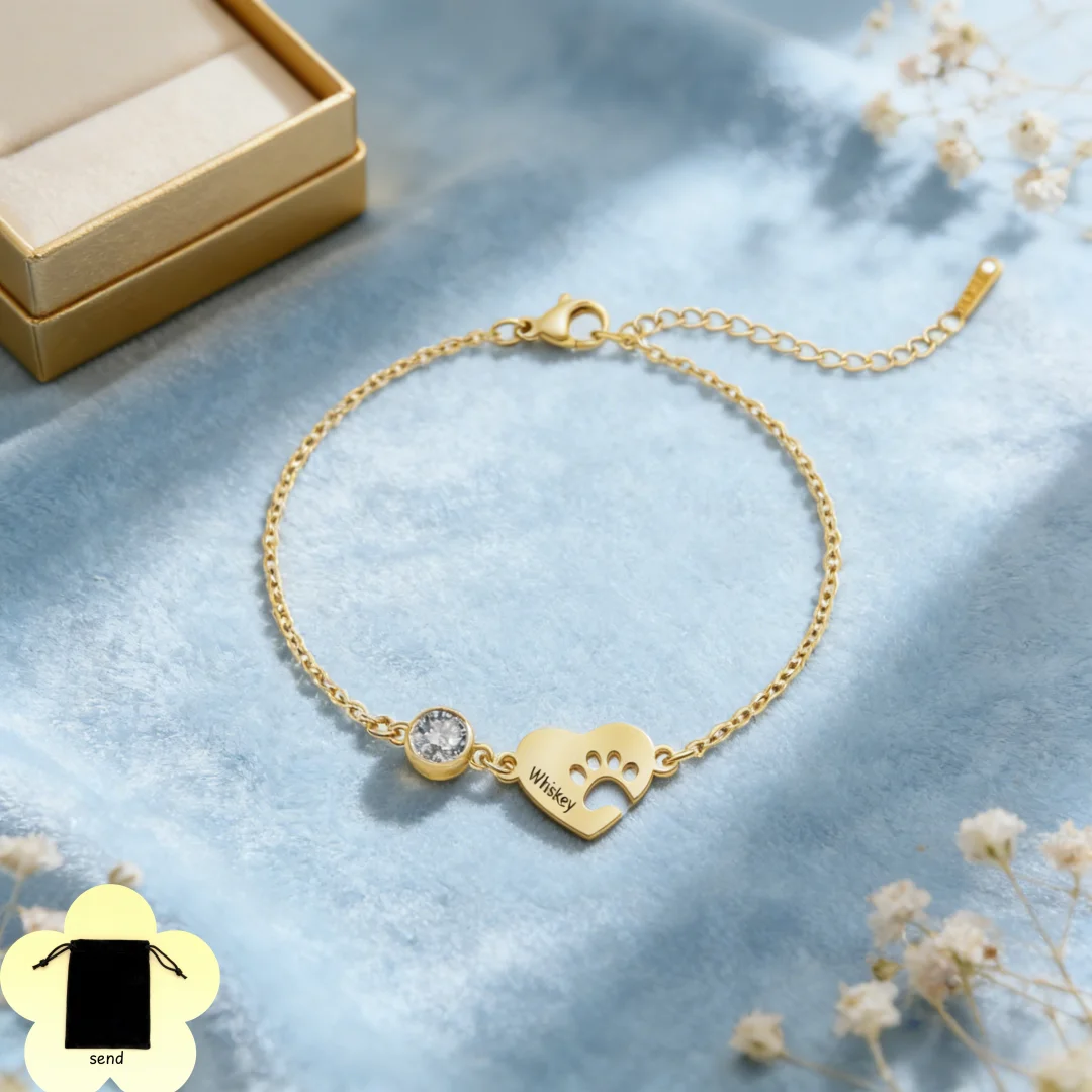 Customized name text heart-shaped pet paw print bracelet with month rhinestone stainless steel pet commemorative bracelet gift