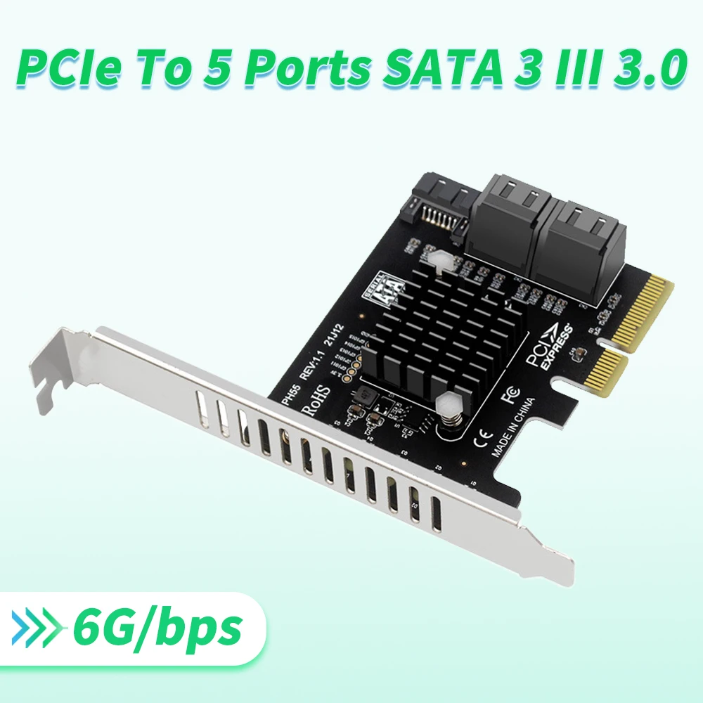 

PCIe To 5 Ports SATA 3 III 3.0 6 Gbps SSD Adapter PCI-e 4x PCI Express X4 Controller Board Expansion Card Support X8 X16 JMB585