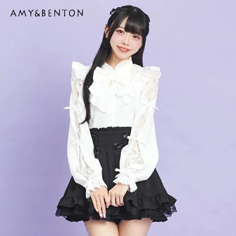 

SC New Japanese Style Sweet Lace-Up Cross Bow Lolita Preppy Style Shirt Top Cute Mine Series Loose Slimming Shirts Cute Blouse