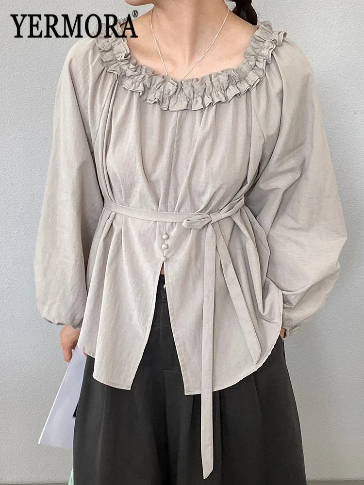 

YERMORA Серая повседневная блузка с цветочным принтом для женщин, с вырезом-лодочкой, длинными рукавами, свободного кроя, новая тонкая рубашка, модная новинка Весна-Лето 2026