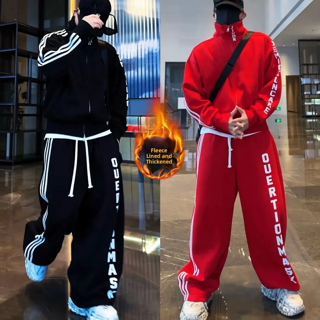 

Winter Fce Lined Jaet with Printed Letter High Collar ort Sle And Wide Leg Knife Pants Casual Sportswear Set for Men