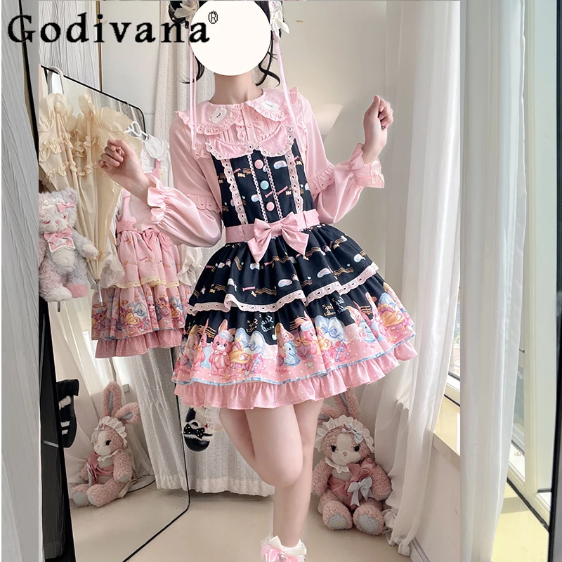 

Original Lolita Sweet Strap Dress JSK Autumn New Girl's Cute Bow Print Kawaii Birthday Dress Women Daily Lo Mini Princess Dress
