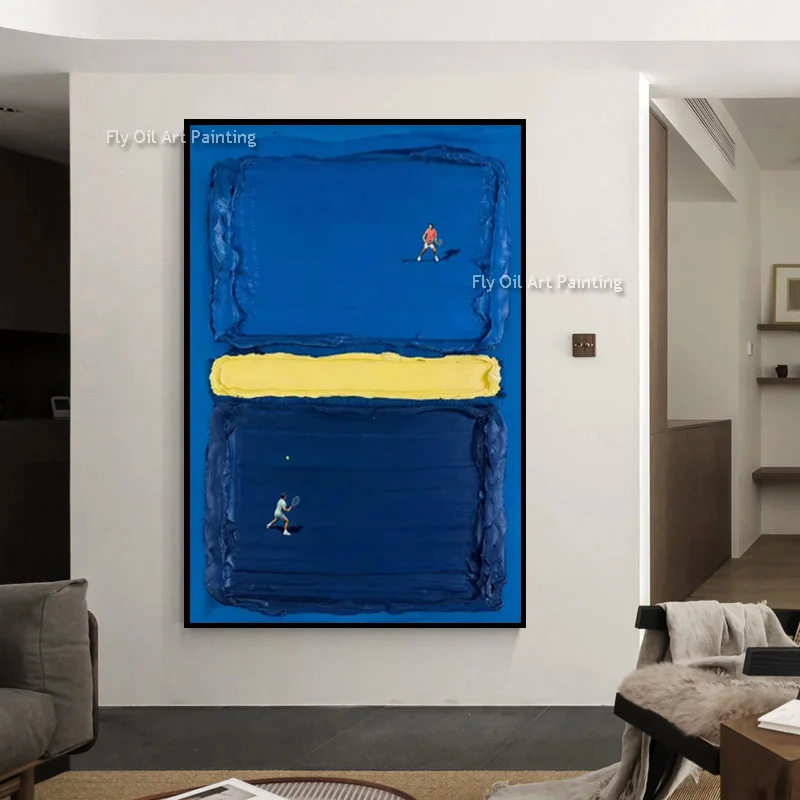 Large Handmade Red White Abstract People Playing Tennis Canvas Artwork New Home Wall Decor Items Blue Yellow Oil Painting