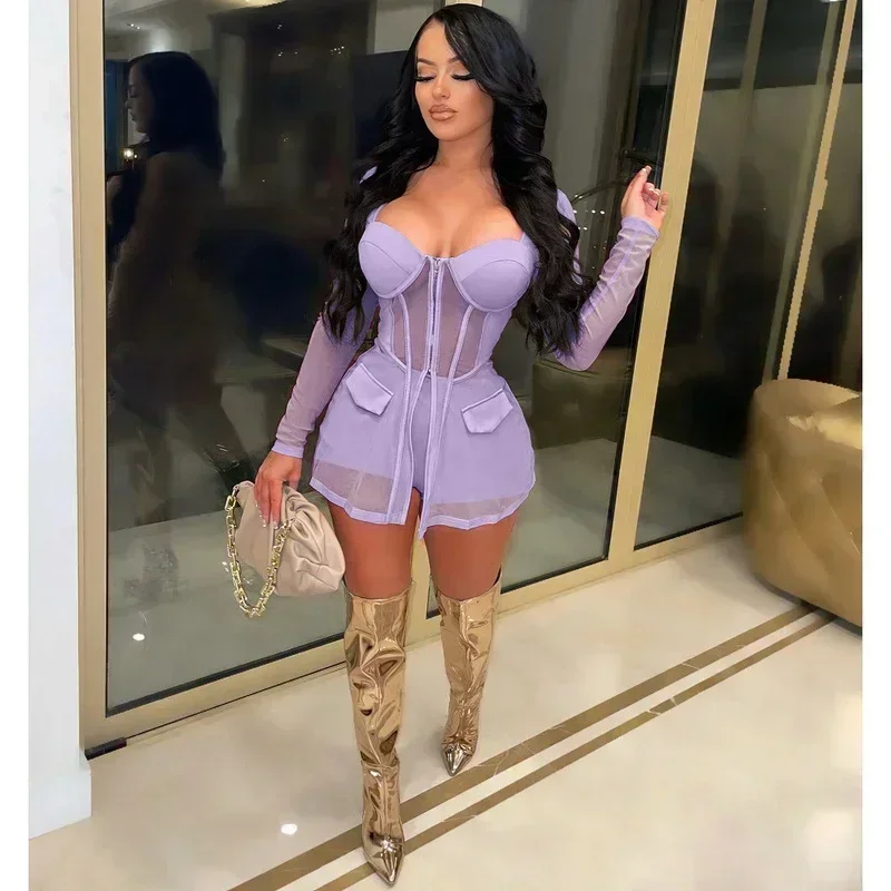 

GUWU Sheer Mesh Zipper Front Corset Jacket Set Two-Piece Outfits Fashion Pocket Details Work Suit Set Sexy Clubwear