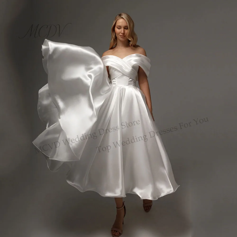 

Off Shoulder Midi Wedding Dresses A-Line Ankle Length Ivory Bridal Shower Party Gowns Customized платье свадебное короткое