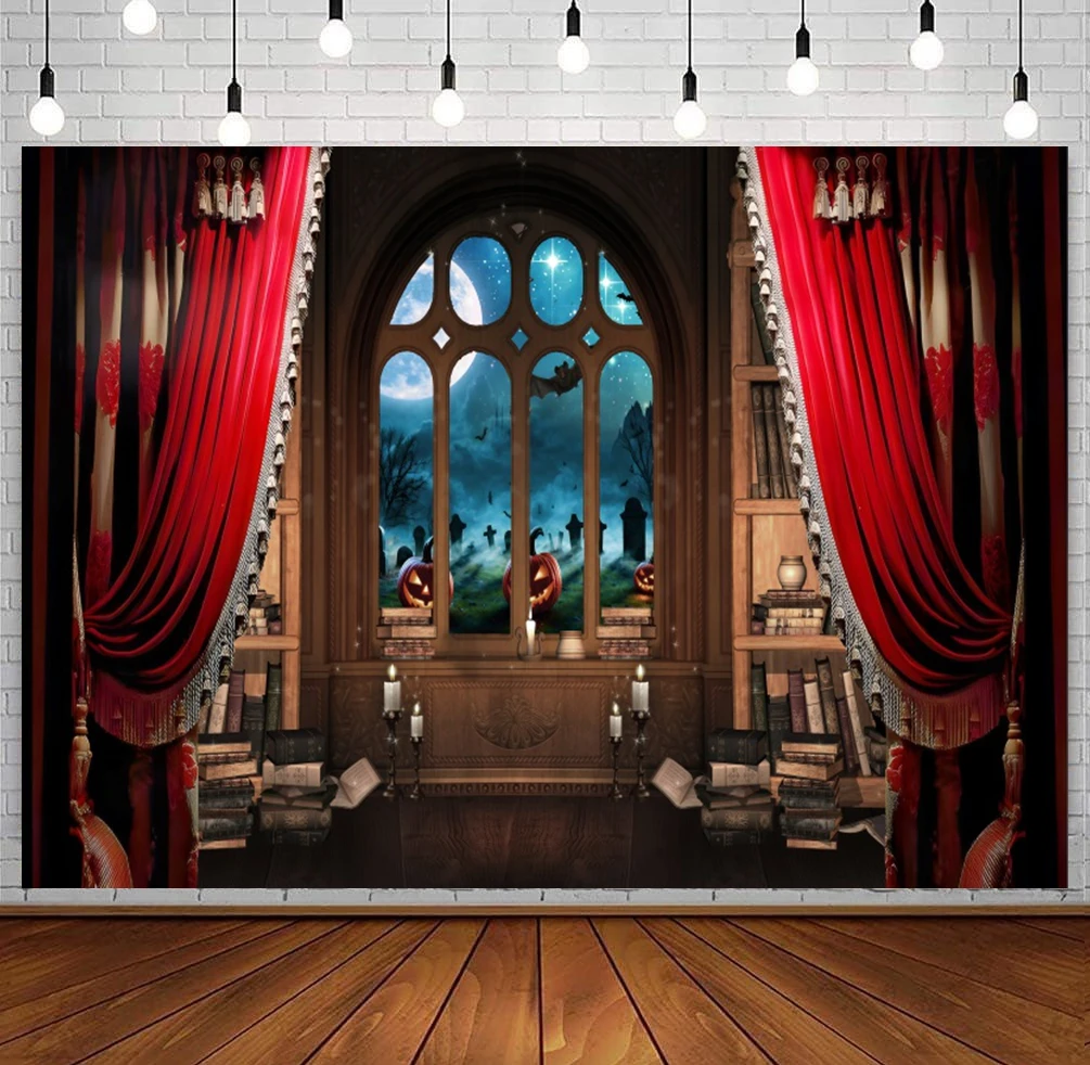 

Halloween Photography Backdrop Retro Red Curtain Moon Night Window Bloody Mudra Kid Party Portrait Background Decor Photo Studio