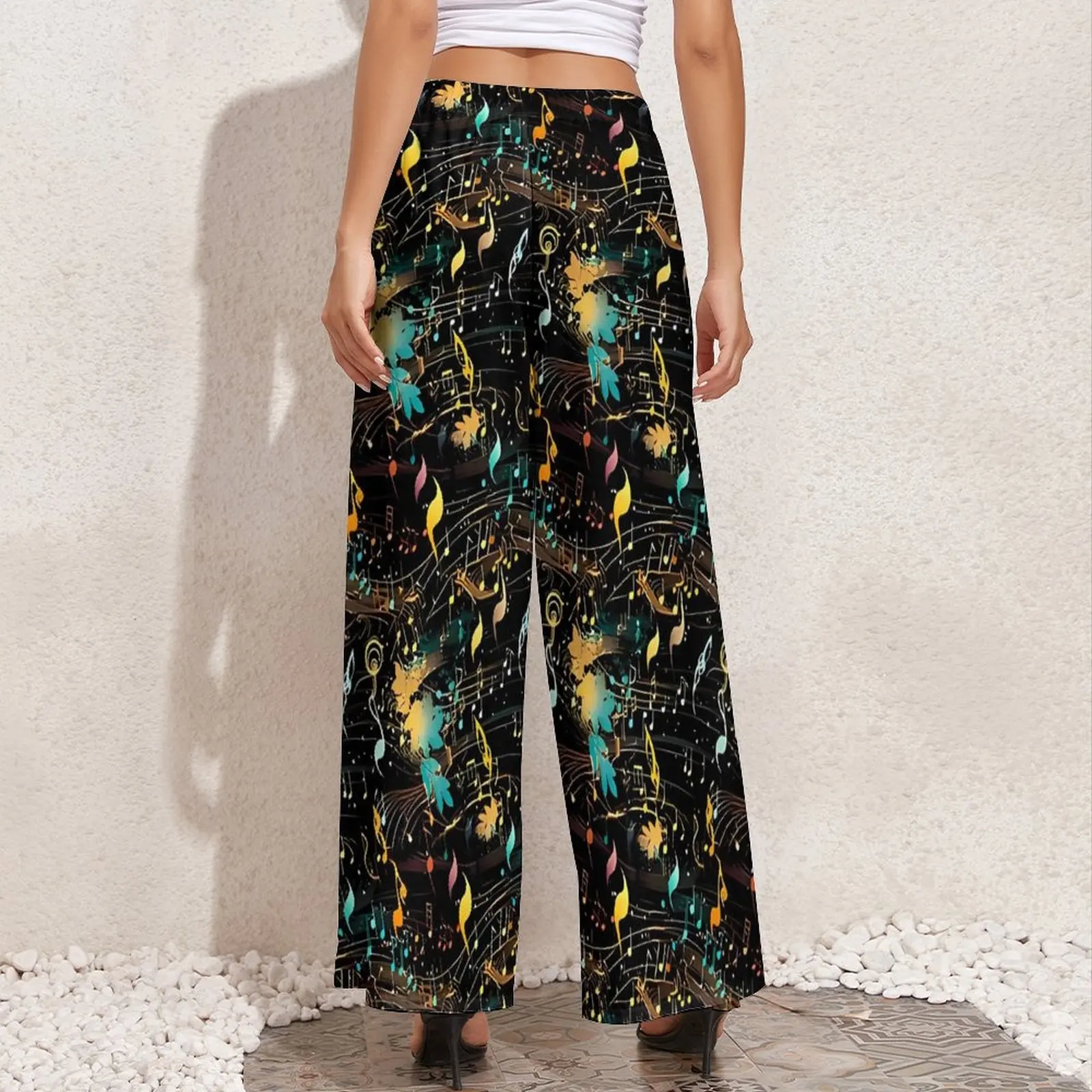 Abstract Music Note Pants Elastic High Waist  Kawaii Trousers Street Style Custom Wide Pants