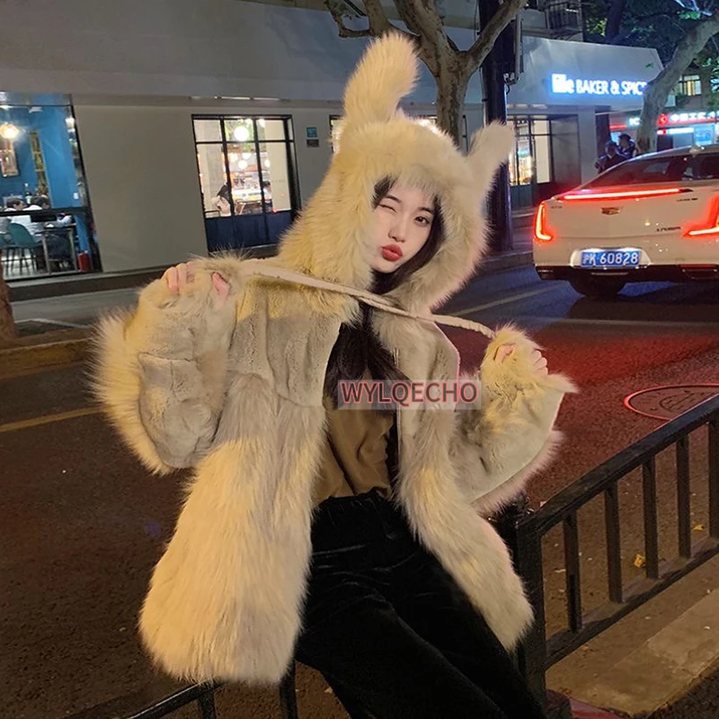 Fashion Luxury Knitted Fur Coat Women New Long Sleeve Purple Cute Rabbit Wool Jackets Autumn Winter Faux Fox Fur Coat With Hood