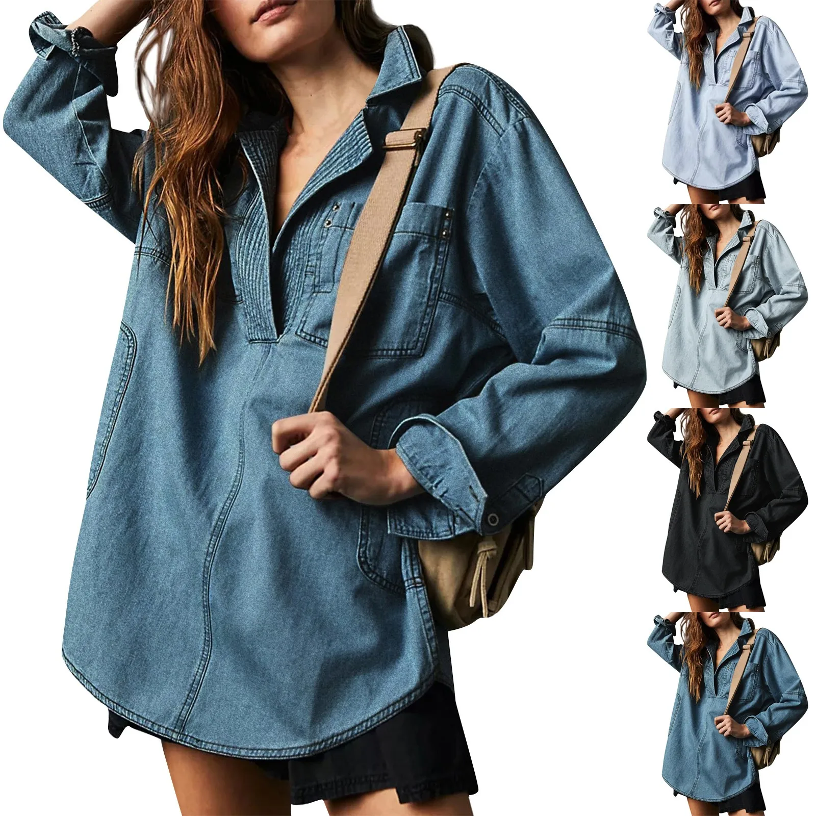 Midiross Women Denim Pullover Jackets Fall New Casual Loose V Neck Lapel Blouse Trend Vintage Style Long Sleeve Jean Jackets