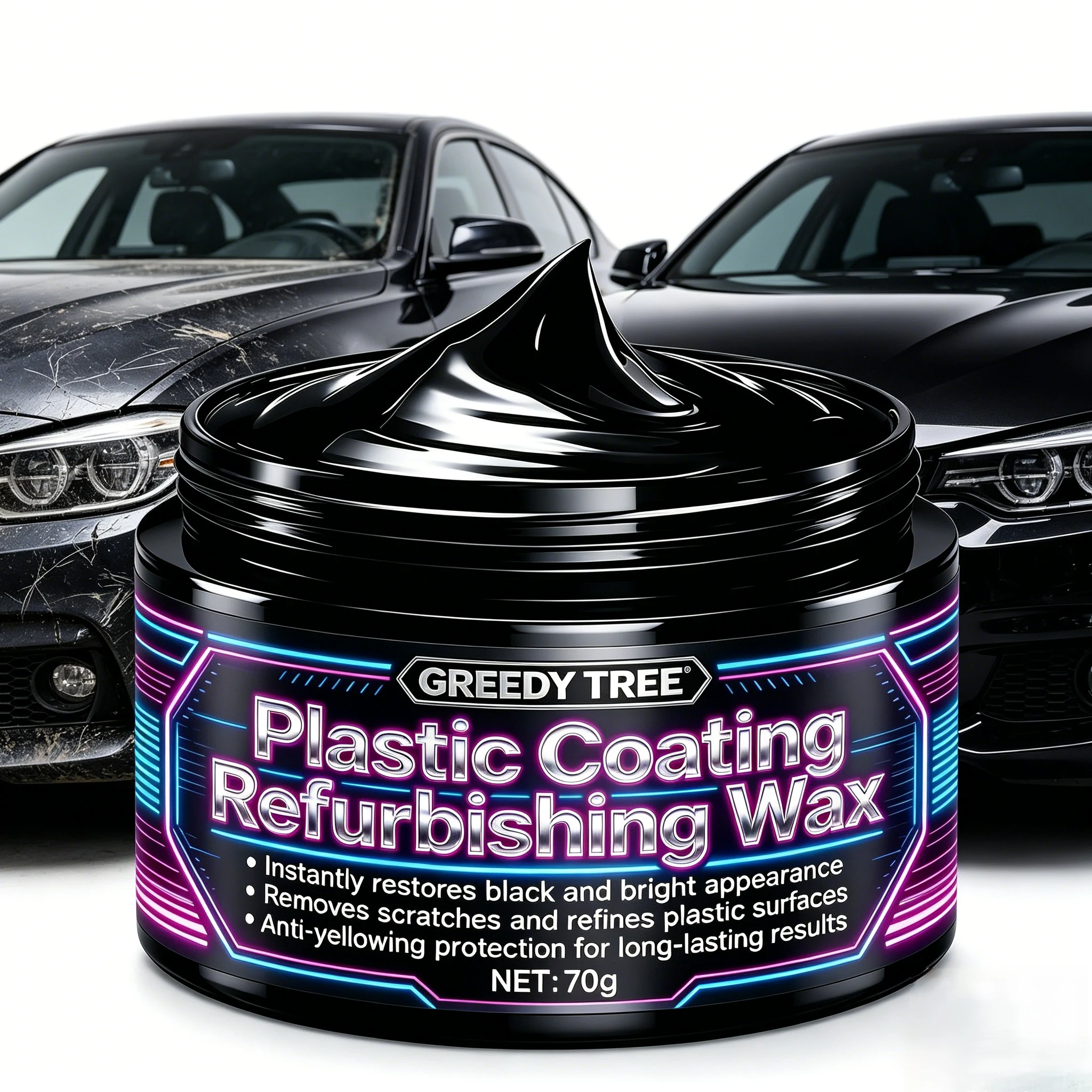 70g Car Plastic Coating Refurbishing Wax With Sponge, Auto Plastic Rubber Restorer Back To Black, Remove Scratches Anti-Yellowin
