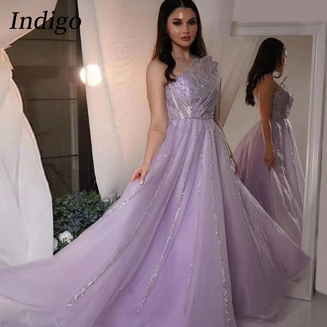 

Indigo Tulle Prom Dresses Scalloped Neck Strapless Beads A Line Women Luxury Formal Occasion Dress 2024 robes de soirée