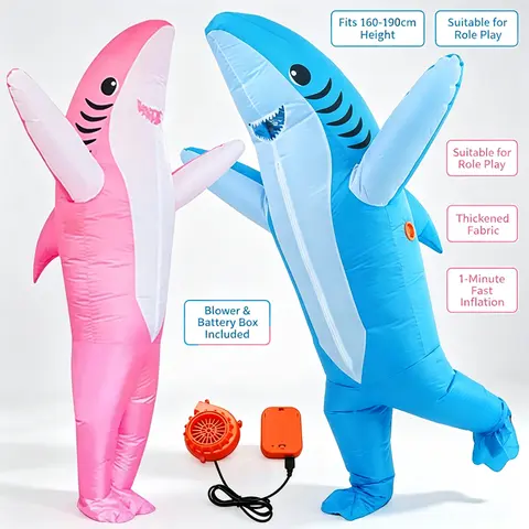 Inflatable Shark Costume for Adults Funny Cartoon Animal Mascot Suit with Blower Fan Battery Powered Halloween Party