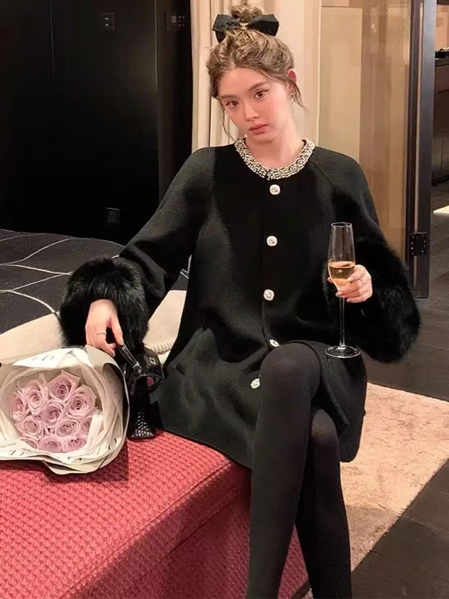 Autumn Winter High End Diamond Double Sided Wool Coat Woman Single Breasted Fox Fur Cuff Female Cloak Loose Woolen Jacket Coats