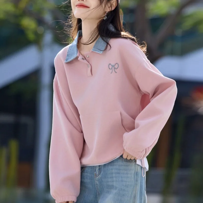 Preppy Style Denim Collar Sweatshirt Women Bow Embroidery Loose Long Sleeve Casual Pullover