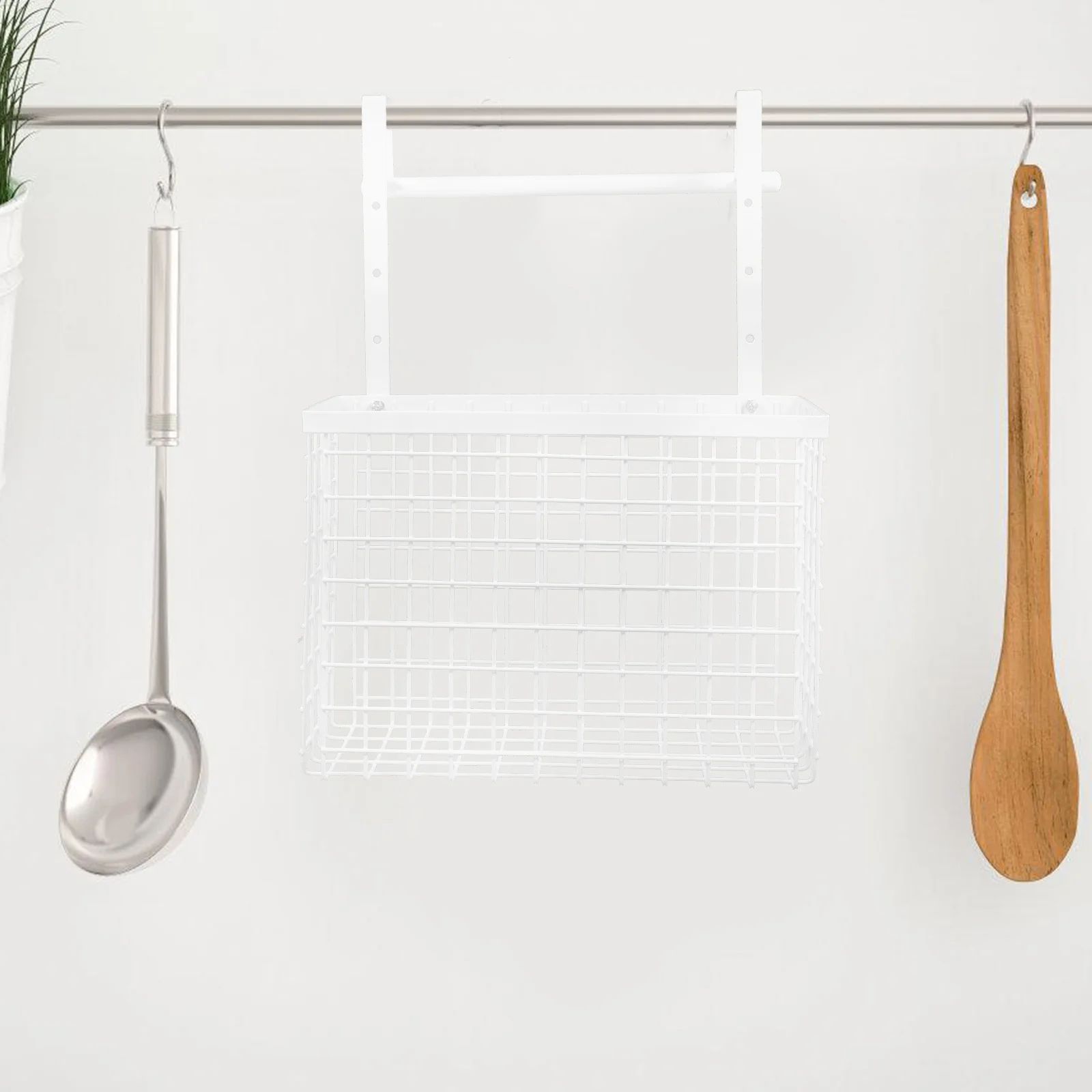 

Grid Storage Basket Over Cabinet Door Organizer Built in Towel Bar Iron Wire Hooks Kitchen Pantry Bathroom Storage White