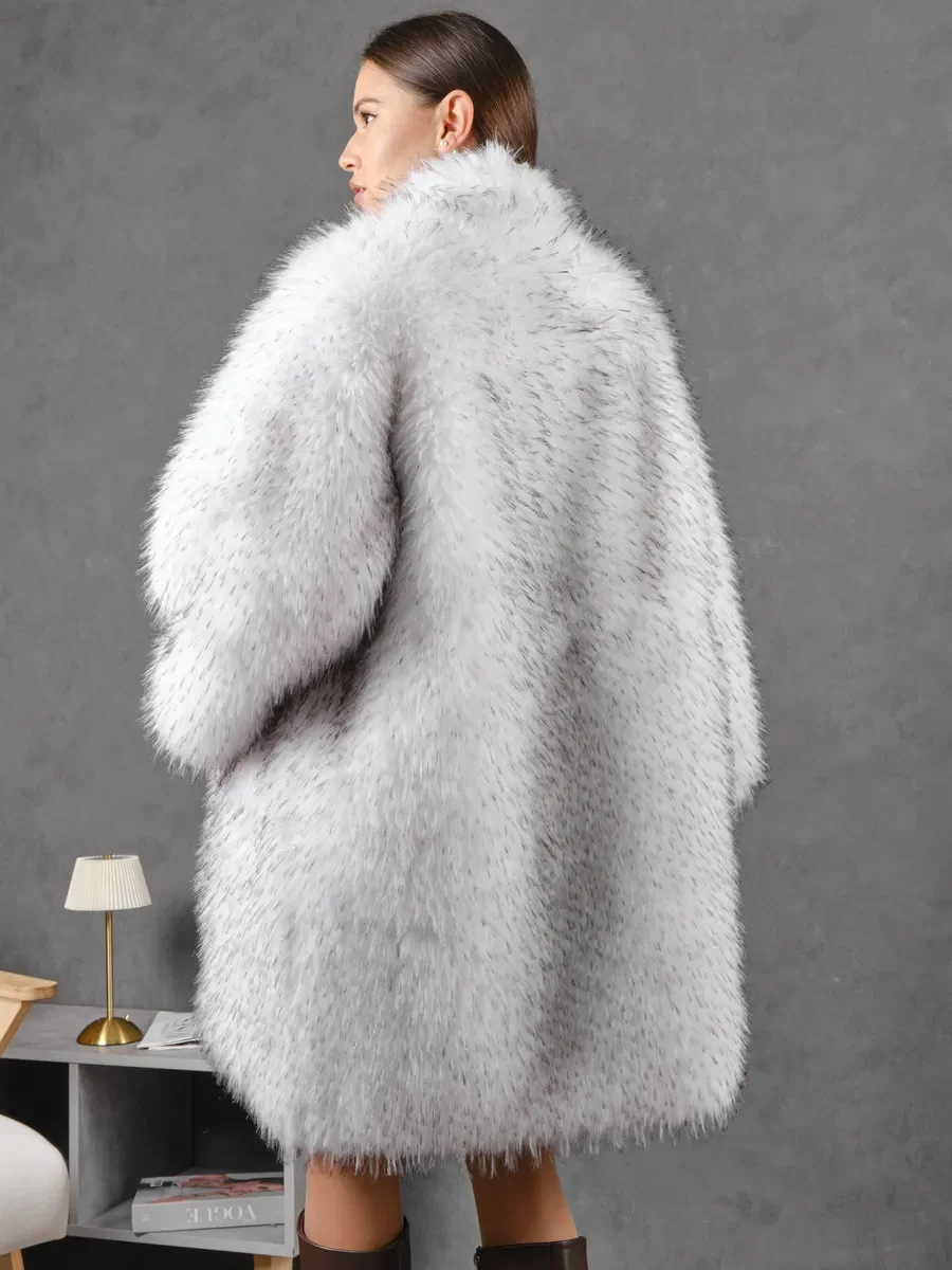 LIMO Ladies Mottled Faux Fur Jacket Stand Collar Open Front Casual Loose Fit Fashion Plush Outer Coat