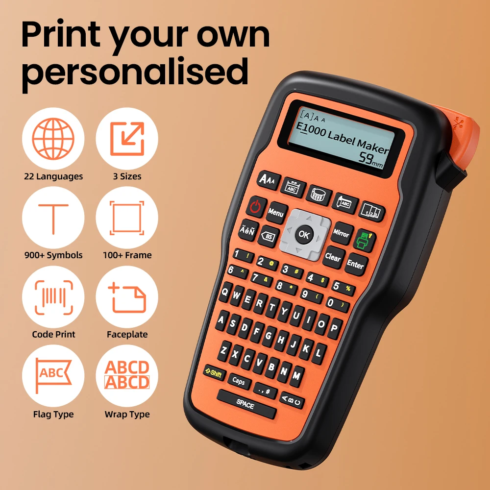 E1000 PRO Handheld Portable Label Printer Industrial Label Maker Compatible Brother TZ-231 HSE-231 FX231QWERTY Keyboard Symbol