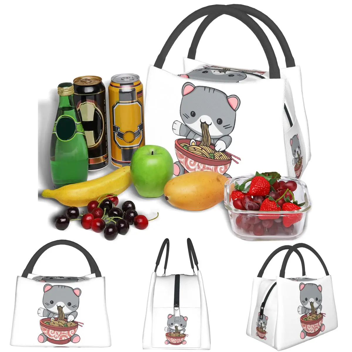 Kawaii Ramen Cat Lightweight Handheld Insulated Lunch Bag Aluminum Foil Liner for Adults Students Travel Picnic