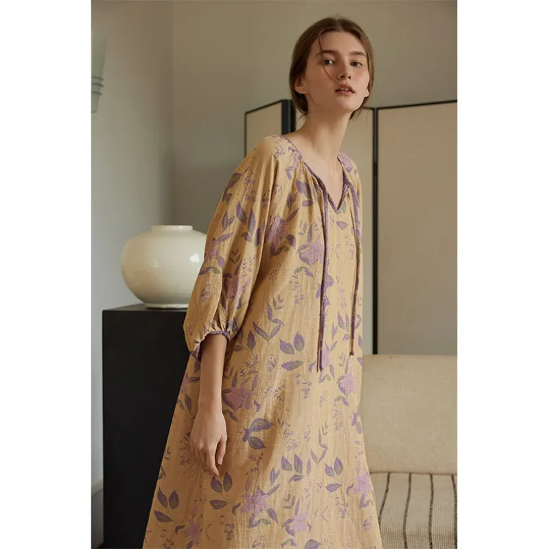 2024 Ladies Double Cotton Gauze Flower Printing Lazy Long-sleeved Nightgown V-Neck Loose Comfortable Night Dress Women Summer