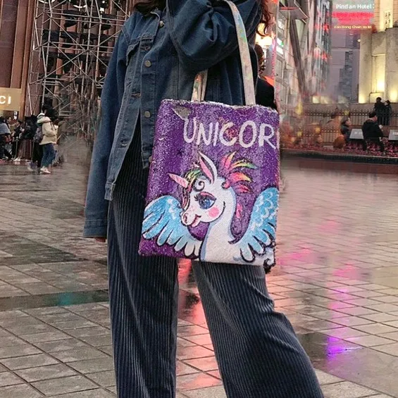 Original Unicorn Y2K Spicy Girl Single Shoulder Handbag Bling Sequins Shopping Bag Underarm Tote Bag Retro Artistic Style Hob...
