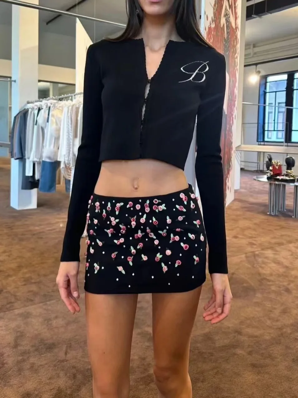 엘리 자수 레이스 트림 B-이니셜 니트 오픈 가디건 여성 캐주얼 슬림 핏 롱 슬리브 브이넥 봄 패션