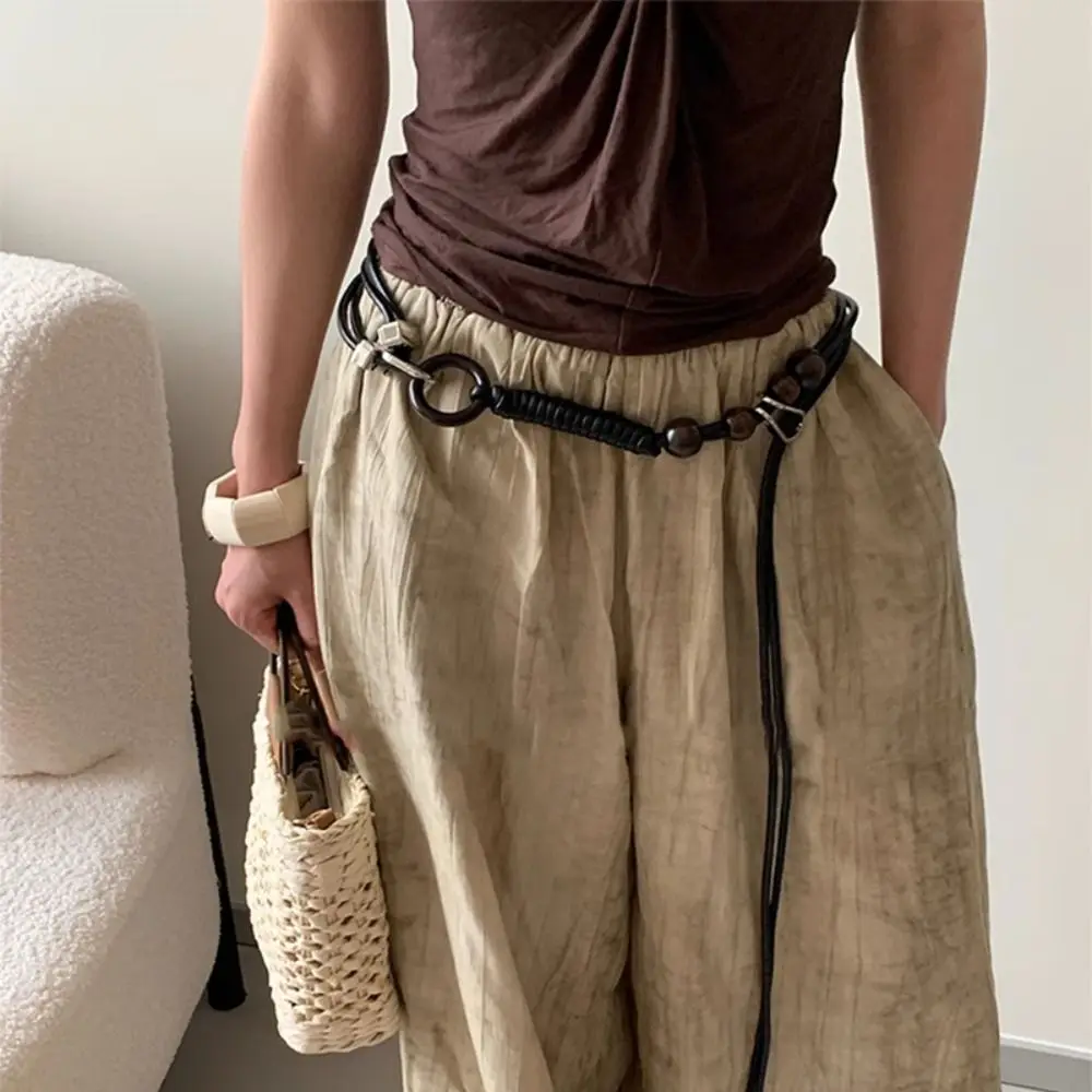 حزام خرز خشبي من جلد البولي يوريثان القديم مع عقدة فنية، حبل خصر متطابق تمامًا، سلسلة خصر مضفرة سوداء قابلة للتعديل للنساء #5