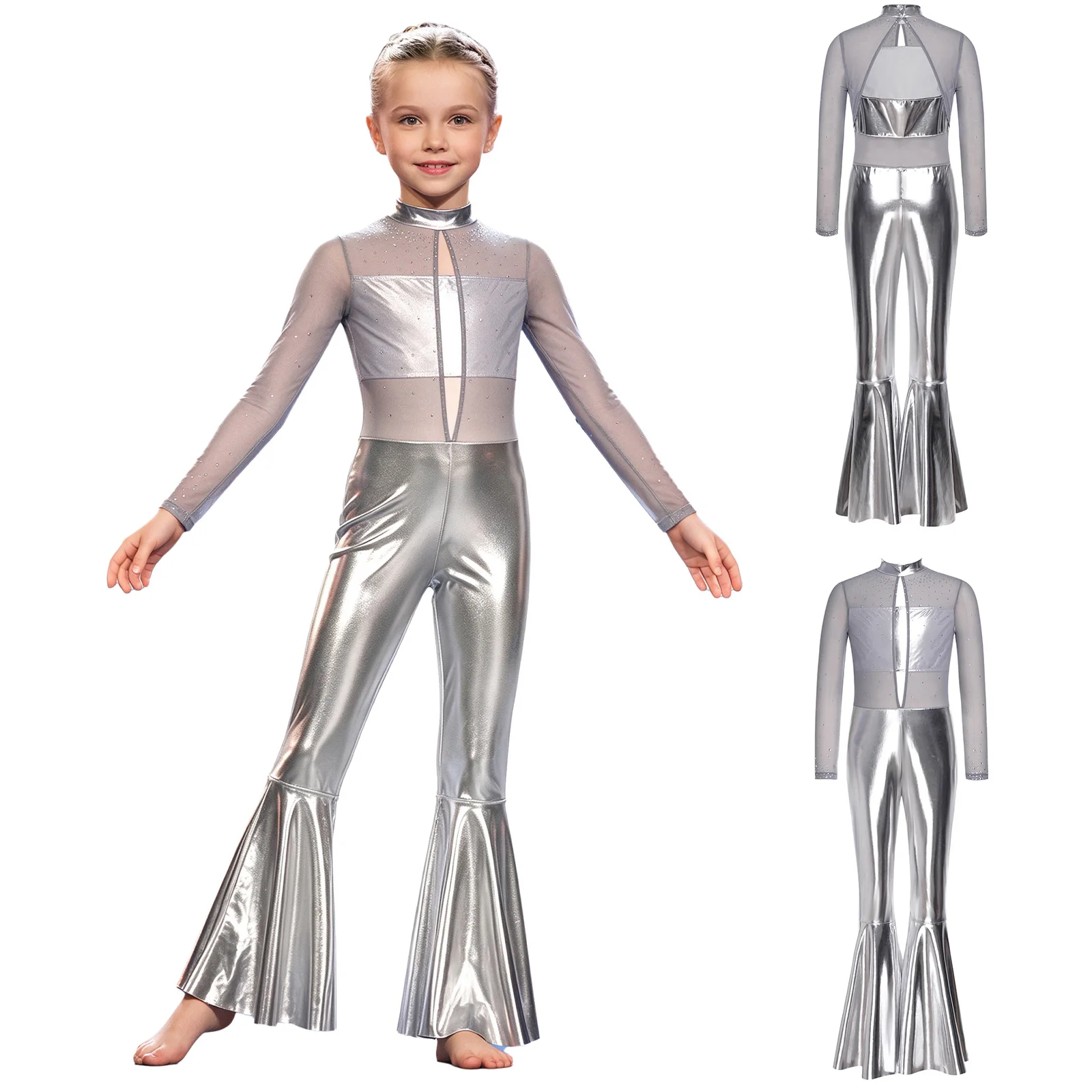 Children Girls Metallic Shiny 70s Disco Jazz Dance Performance Jumpsuit Long Sleeve Rhinestone Mesh Flared Bodysuit Dancewear