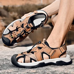 Summer Genuine Leather Beach Sandals Men Outdoor Breathable Casual Sneakers Male Non-Slip Protect Toes Trekking Climbing Shoes