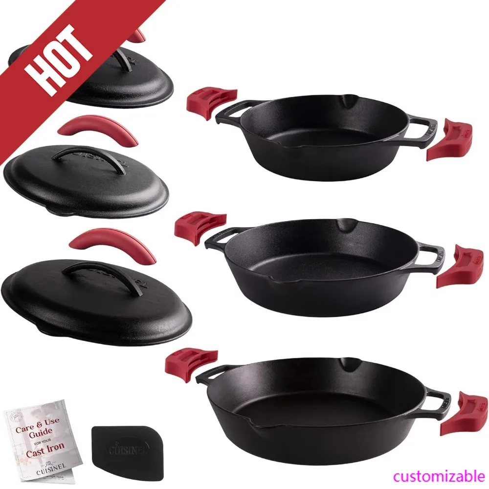 

HOT-Cast Iron Skillet + Cast Iron Lid Set - 8"+10"+12" Dual Handle Frying Pans + Pan Scraper + Silicone Handle Holder Covers - P