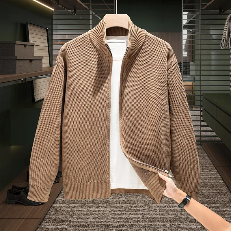 

High-End Color Heavyweight Men's Knitted Cardigan Cotton Stand Collar Jaet Outerwear Trendy Long Sve Sweater