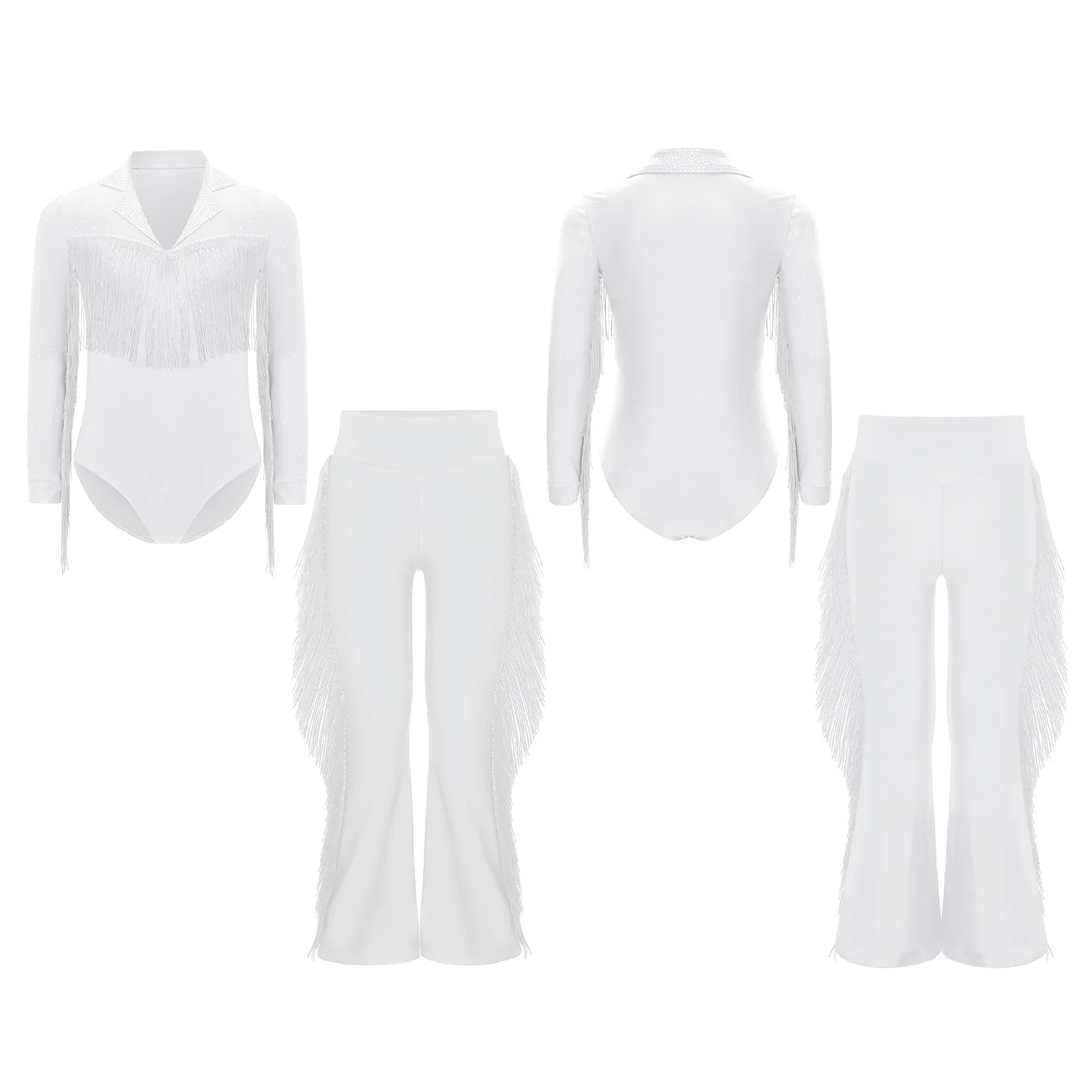 

Boys Latin Jazz Dance Outfit Tango Rumba Latin Dancewear Long Sleeve Tassel Leotard with Elastic Waist Fringe Bell-Bottom Pants