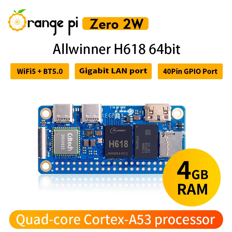 Orange Pi Zero 2 W 1GB 1.5GB 2GB 4GB Allwinner H618  Allwinner H618 Quad-core Cortex-A53 Mini PC with Wi-Fi5 + BT5.0 Support BLE