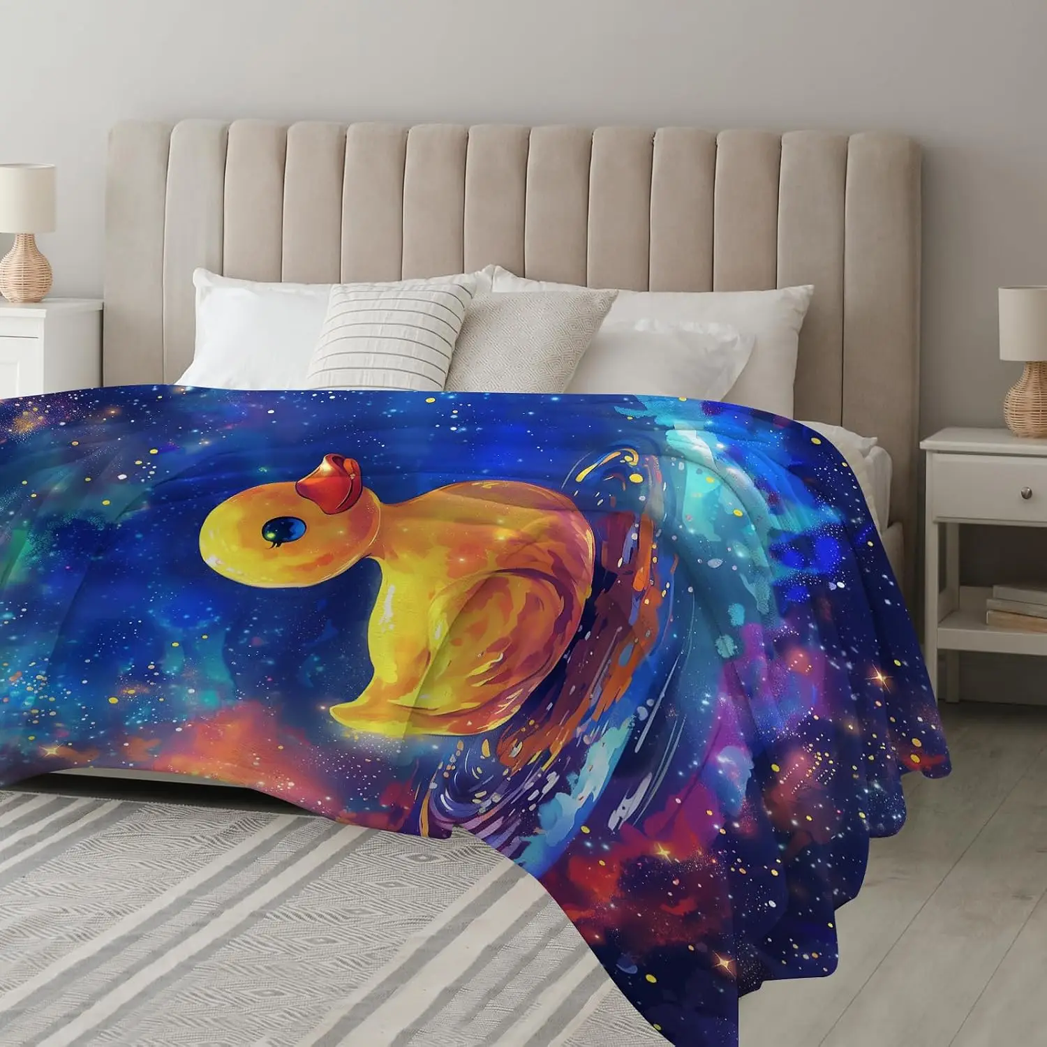 Cute Rubber Duck Swirl Nebula Starry Space Water Reflection Flannel Throw Blanket, Warm Cozy Blanket, Kid Decor Gift For Bedroom