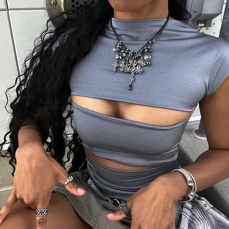 Sexy Wrap Chest Hollow out Turtleneck Slim T Shirt Women Short Sleeves Bottoming Shirt Ladies Tee Shirt Tops Camisetas Mujer