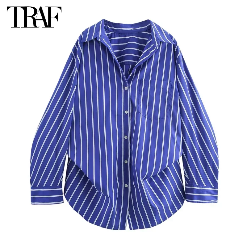 TRAF Striped Blue Shirt Woman Oversized Button up Long Shirts for Women 2024 Summer Casual Shirts Women Collar Beach Shirt Woman