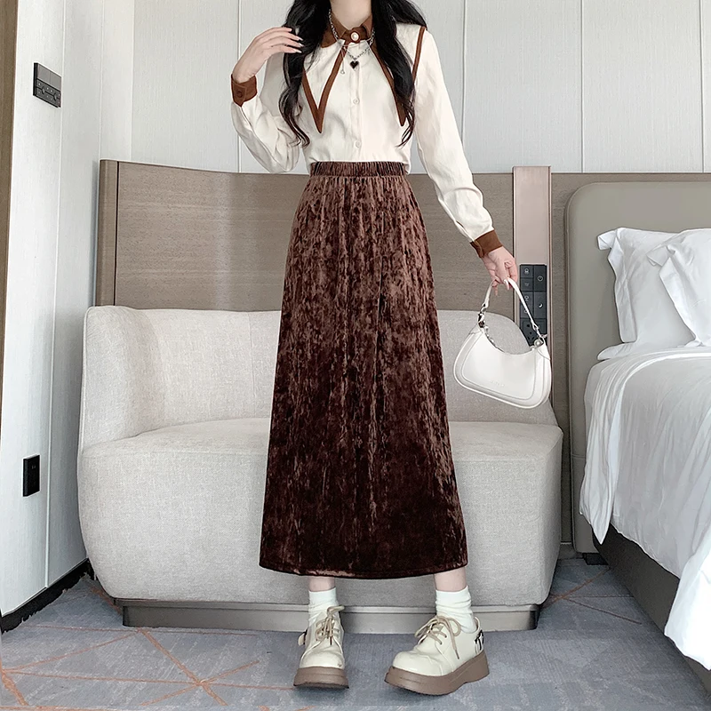 

Новая элегантная бархатная однотонная юбка для женщин, осенняя тонкая темпераментная длинная юбка с высокой талией, повседневные универсальные офисные женские юбки