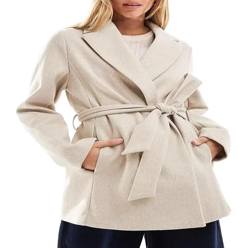 Women Wool Coat Turn-Down Collar Long Sleeve Winter Coat