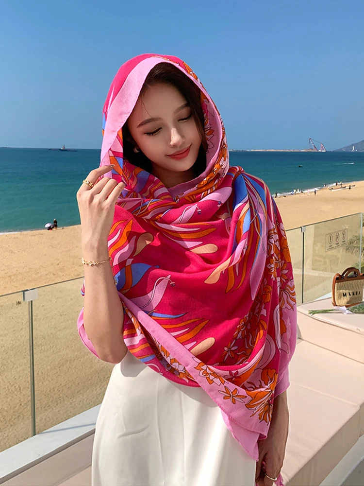 New Women Hijab Bikini Cover Up Silk Scarf Sweet Floral Print Bohemian Femme Bandana Scarve Sarong Beach Holiday Long Wrap Shawl