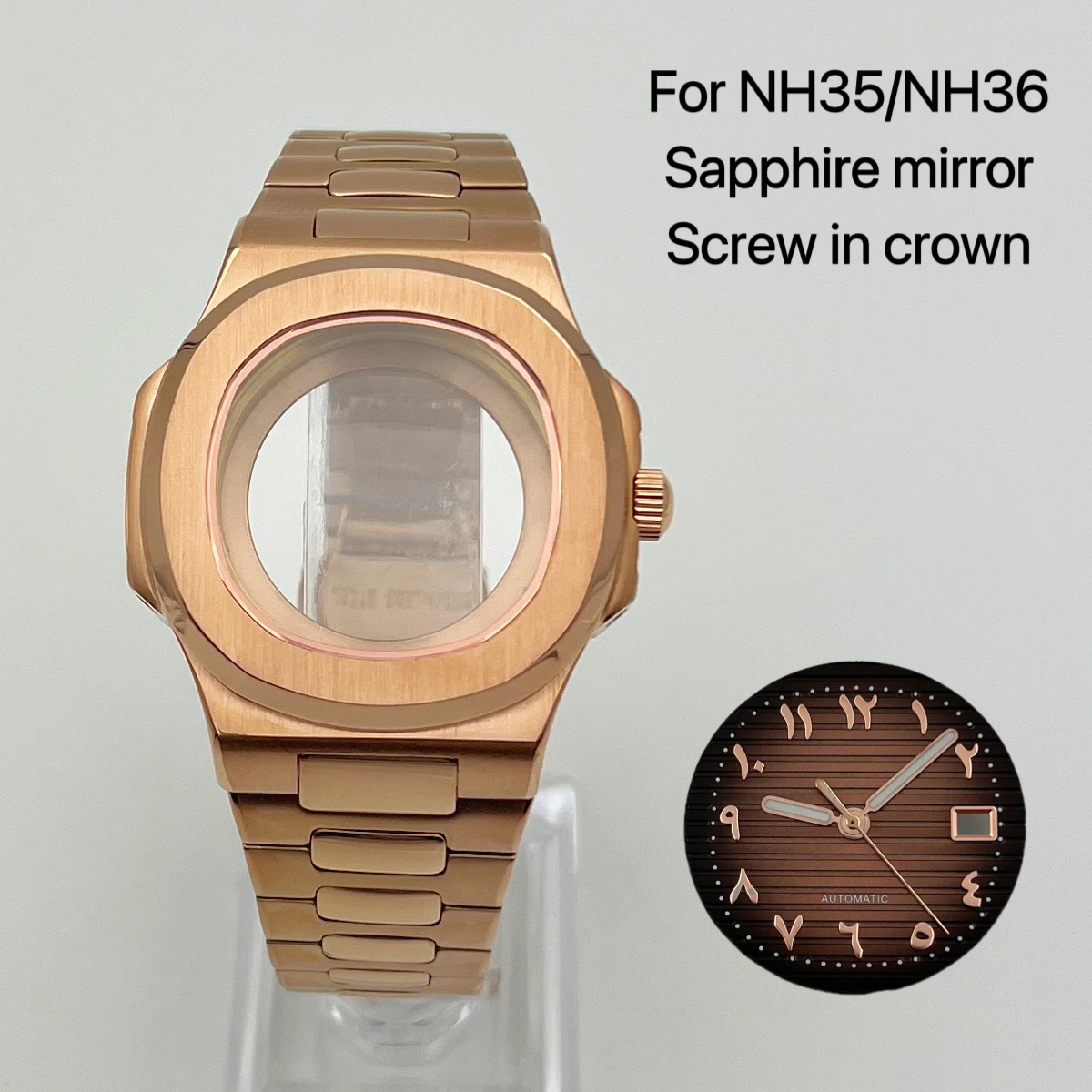 Rose gold NH35 case set, Arabic numeral dial, suitable for Seiko NH35 NH36 movement