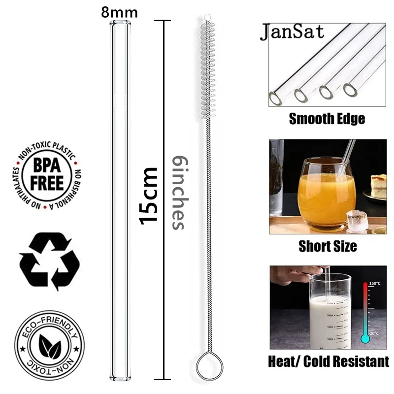 6inch 15CM Short Glass Drinking Straws 8Pcs/set Eco Friendly Reusable Cocktail Straw for Smoothies Milkshake Bar Drinkware