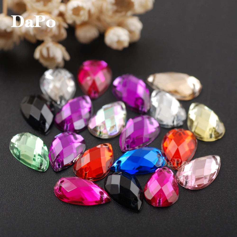 New 10*14mm100pcs 2 Holes Raindrop Acrylic Shine Crystal Colorful Rhinestones Sew on Stones for Clothing Dress DIY Decor Jewelry